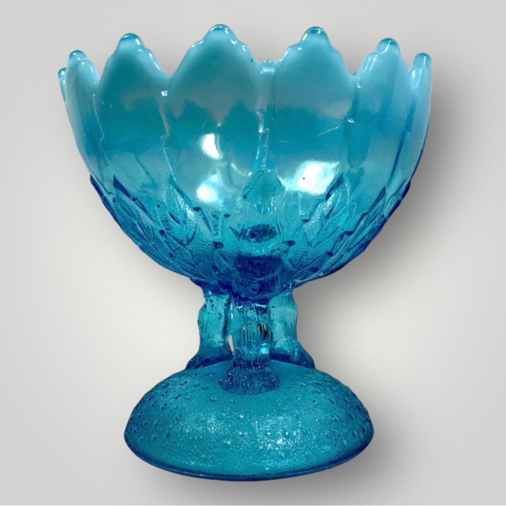 Northwood Blue Opalescent Hilltop Vines Novelty Chalice Vase Circa 1906